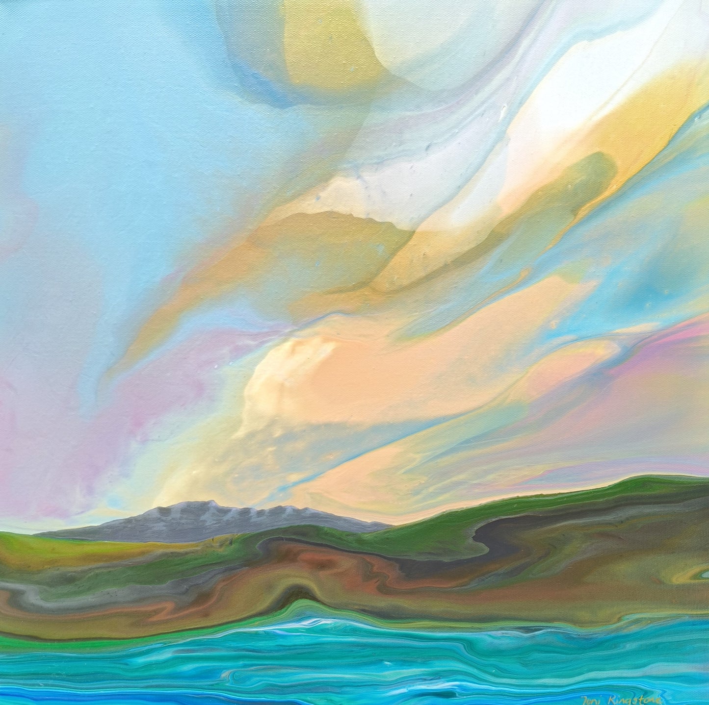 An abstract painting featuring swirling patterns in shades of blue, green, yellow, and pink, with a representation of a landscape.