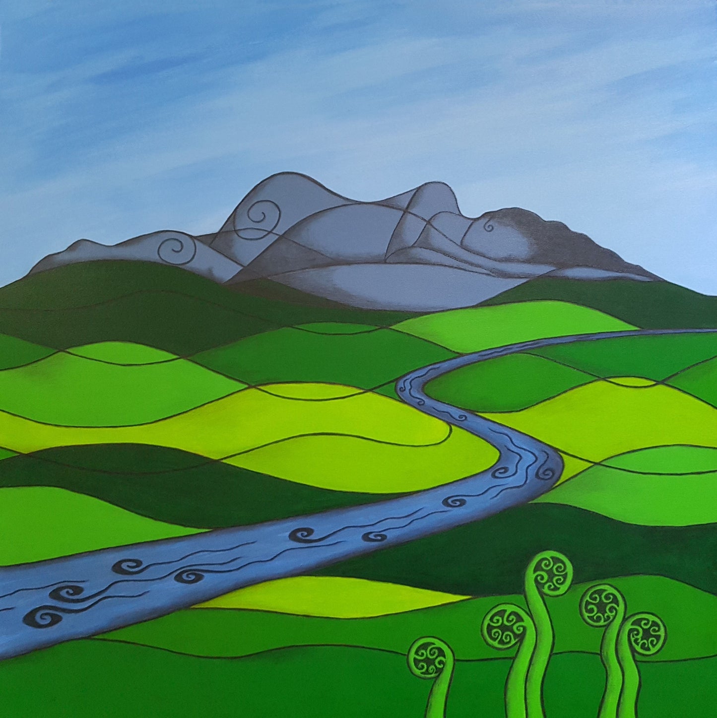 Surreal landscape with wavy green hills, a blue river, and a stylized mountain in the shape of a sleeping woman under a blue sky.