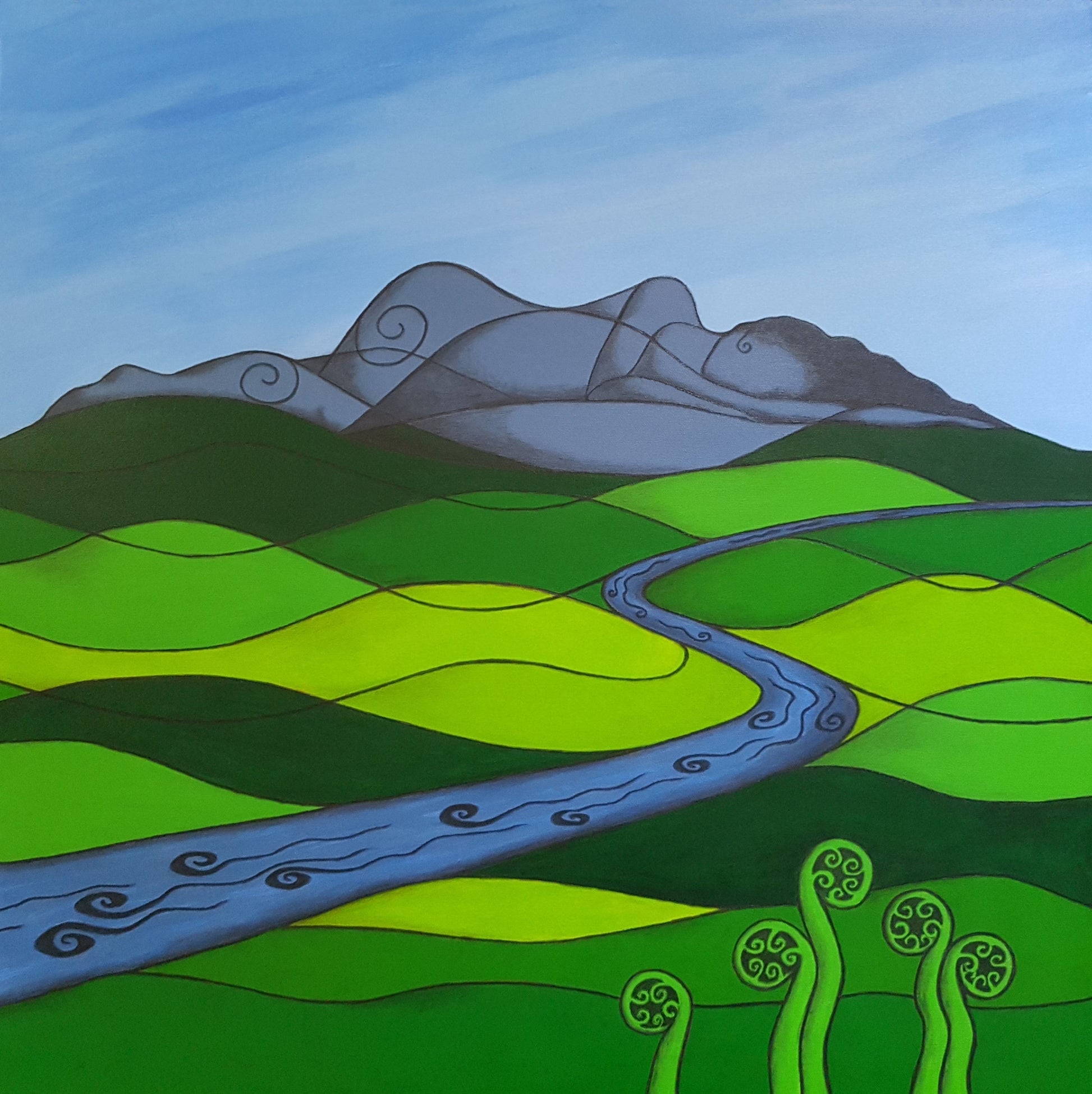 Surreal landscape with wavy green hills, a blue river, and a stylized mountain in the shape of a sleeping woman under a blue sky.