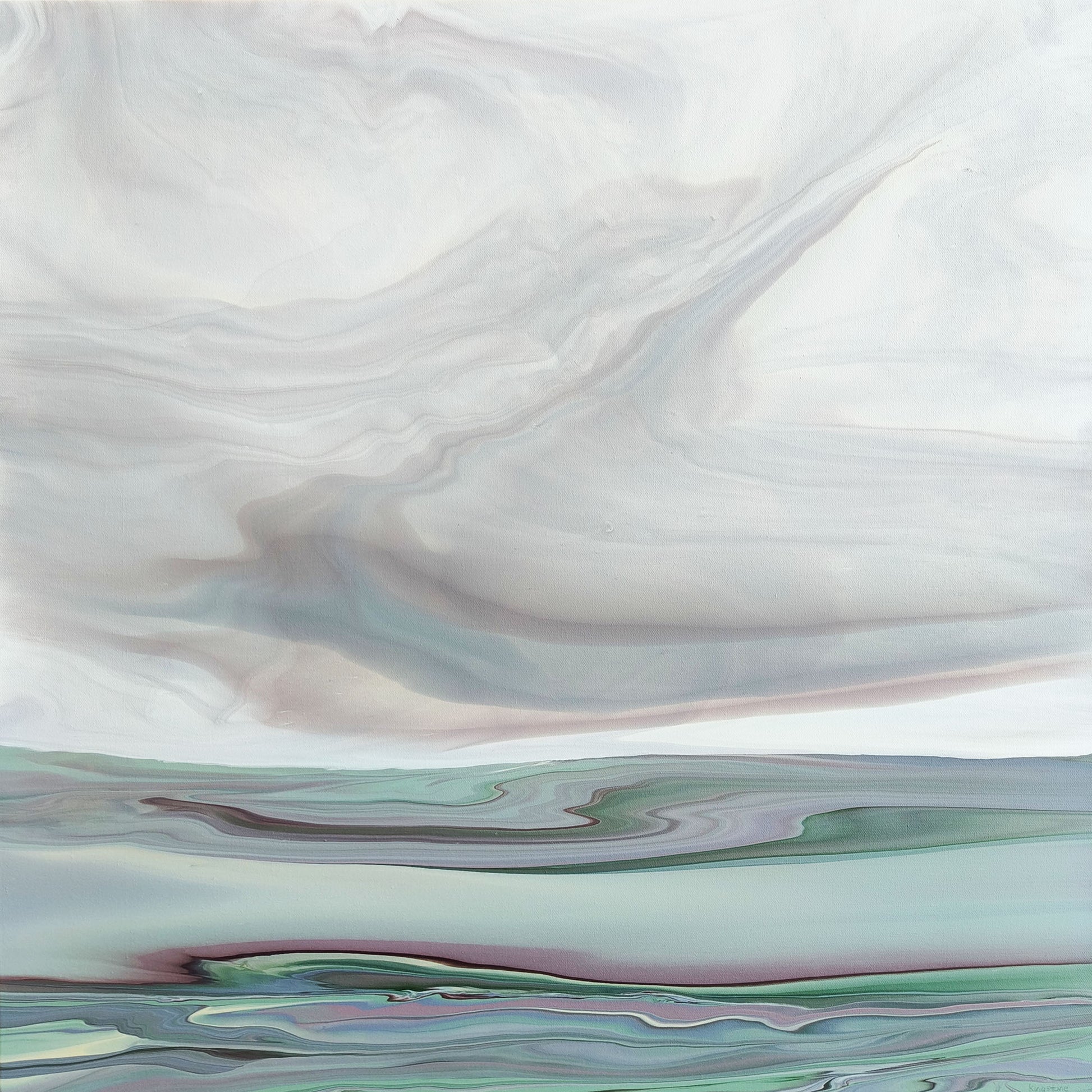 Atmospheric abstract landscape with swirling colors in shades of green, umber, and gray.