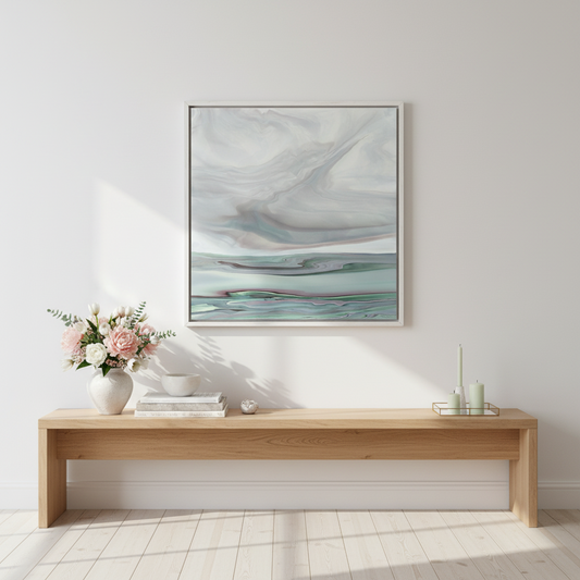 Modern interior with a wooden bench, abstract painting, and floral arrangement.