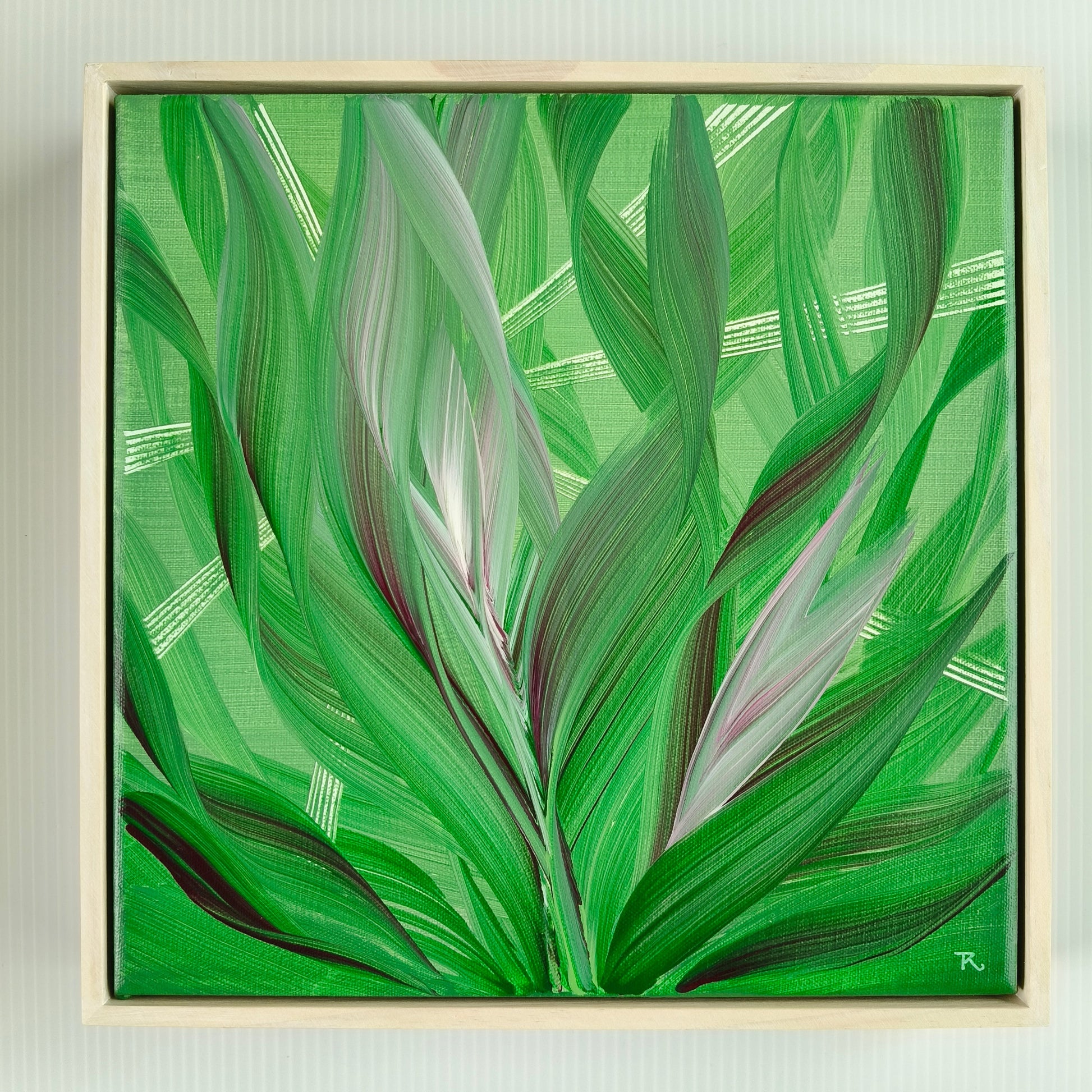 Abstract painting of green and purple wavy lines in a wooden frame.