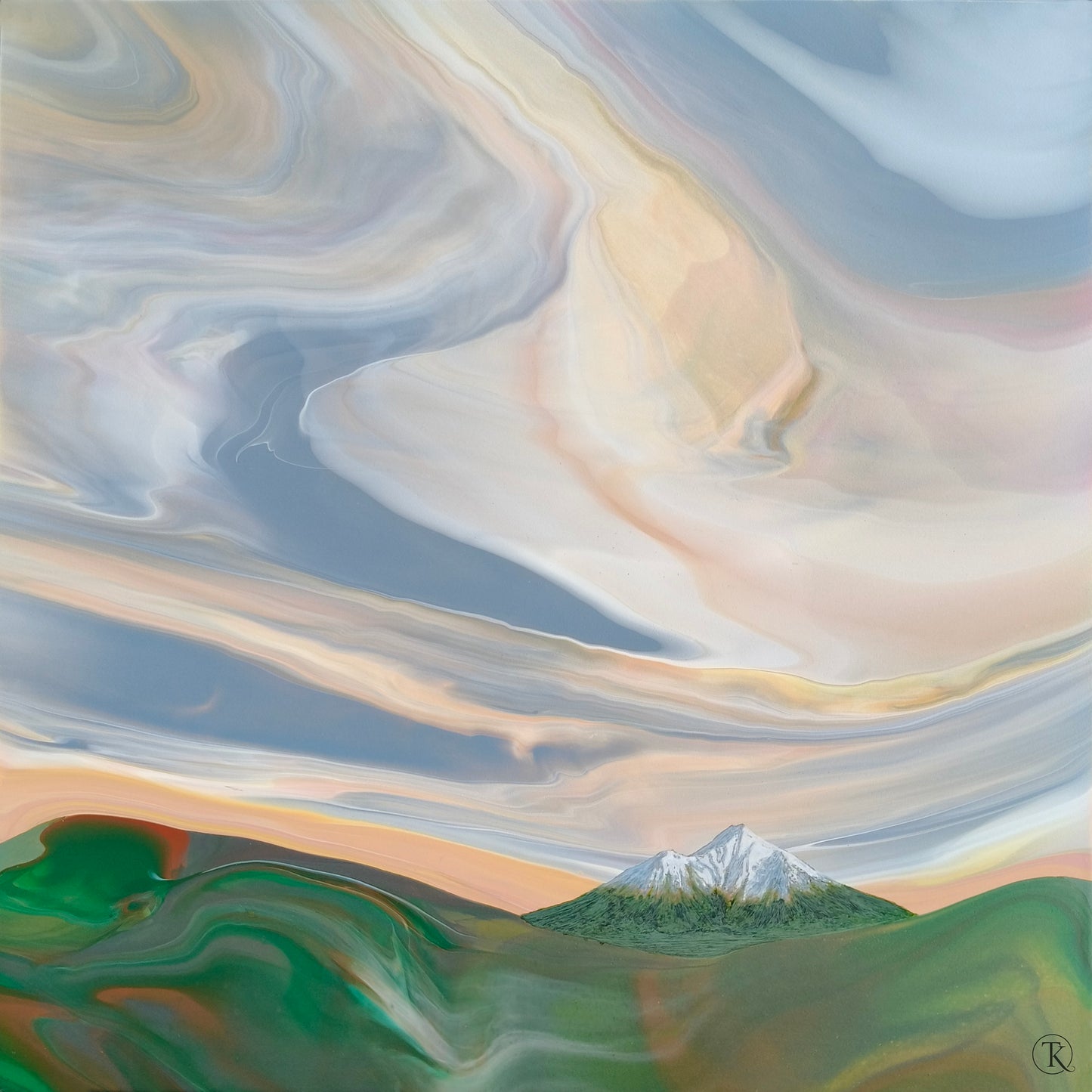 Abstract landscape with a swirling sky and a mountain peak.