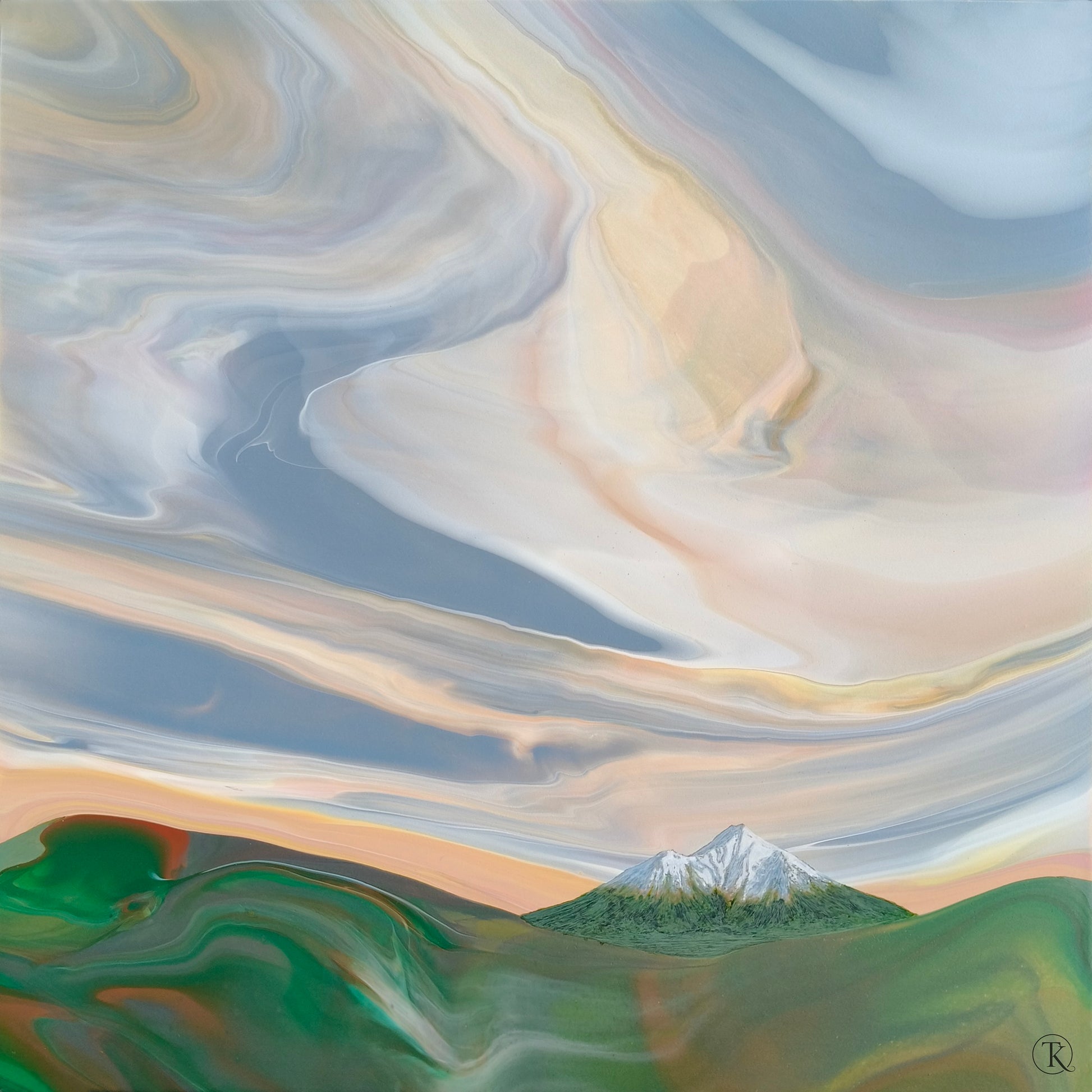 Abstract landscape with a swirling sky and a mountain peak.