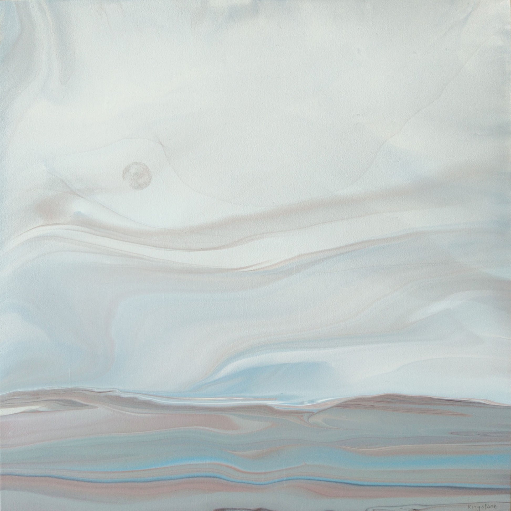 Abstract landscape in soft earthy colours with a full moon over the suggestion of a flowing river.