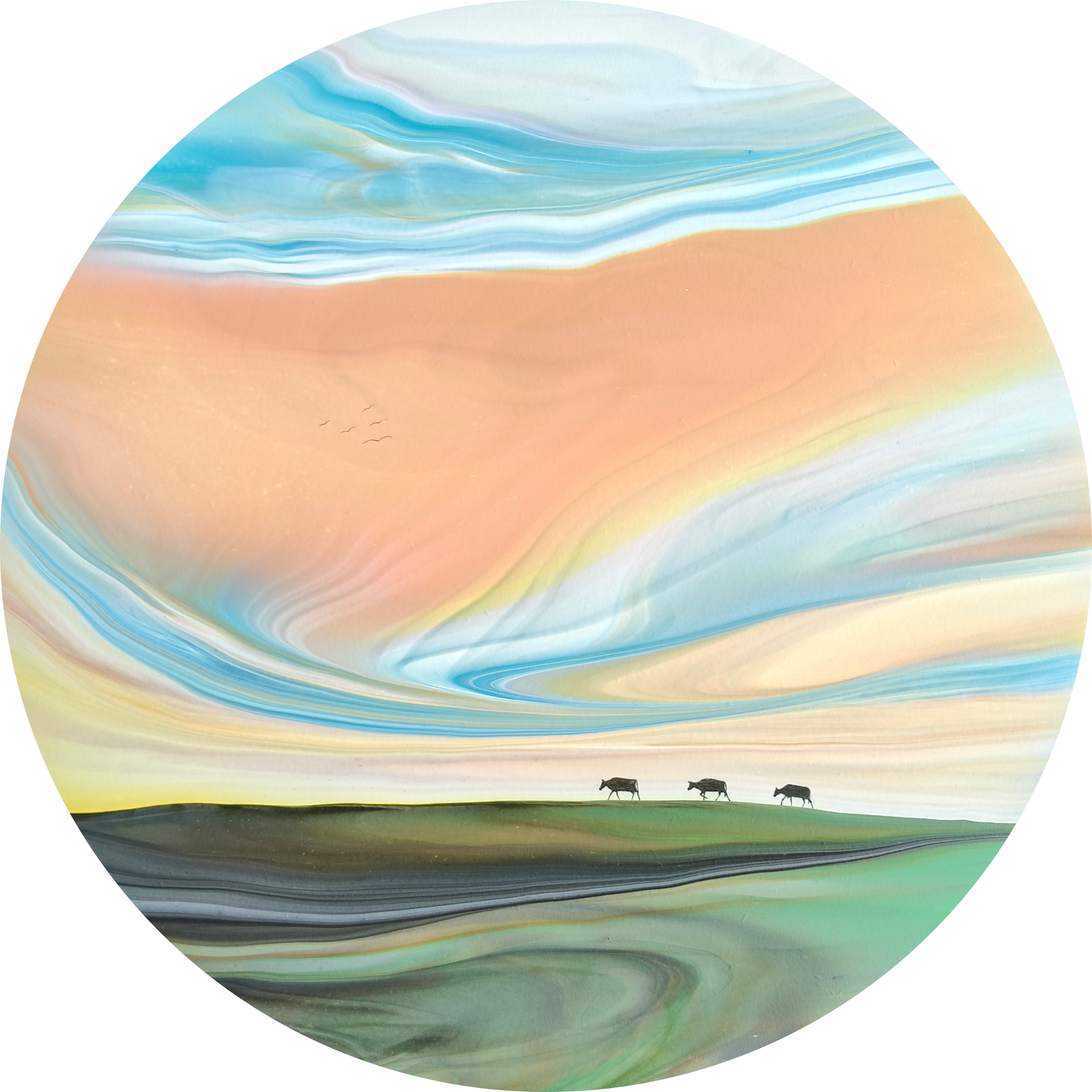 Round painting of a landscape with three cows and a colorful sky.