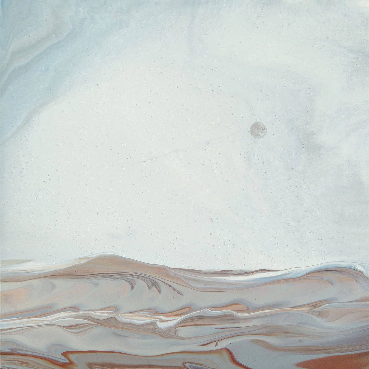 A snowscape under and open sky with a faint moon, with a foreground in ripples of earthy colours.