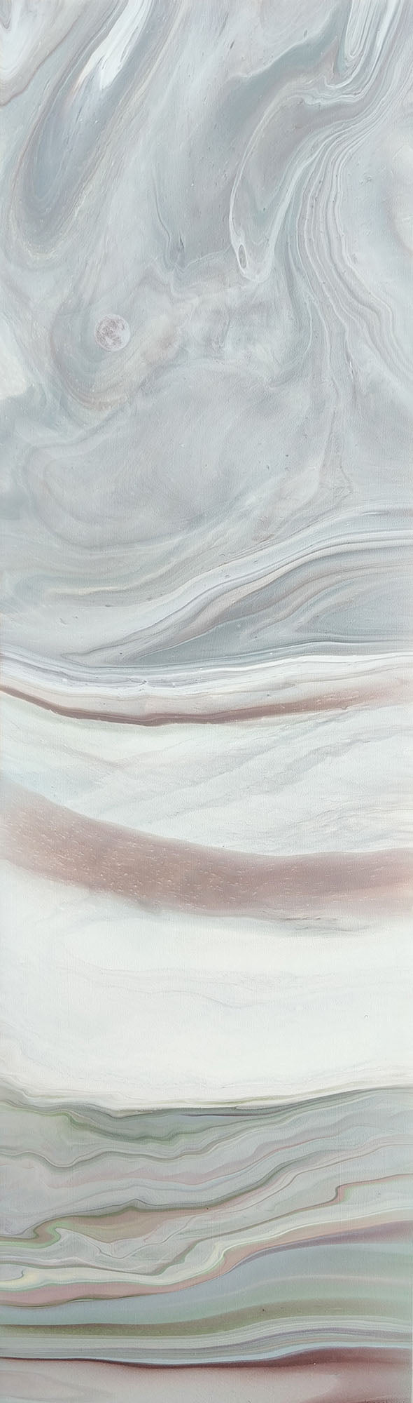 A long painting with marbled patterns of swirls of gray, white, and pink, suggestive of an atmospheric landscape.