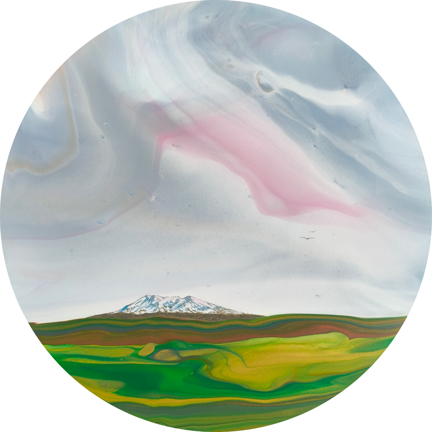 Artistic depiction of a landscape with mountains and green fields on a circular background