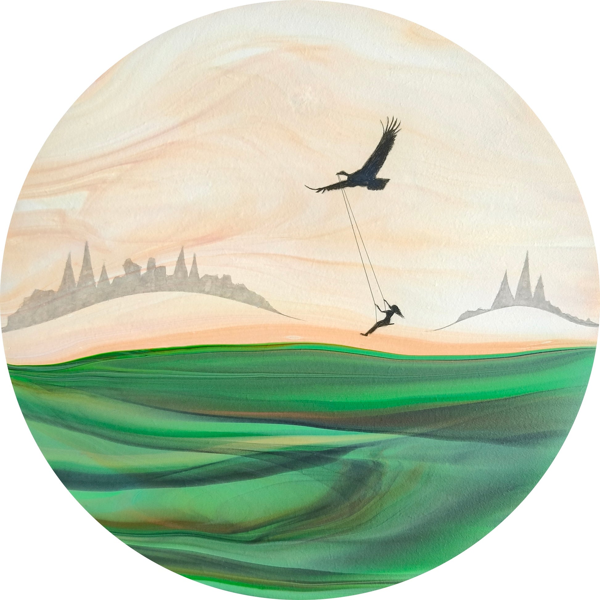 Surreal landscape with a girl on a swing carried by a bird flying over a green field.