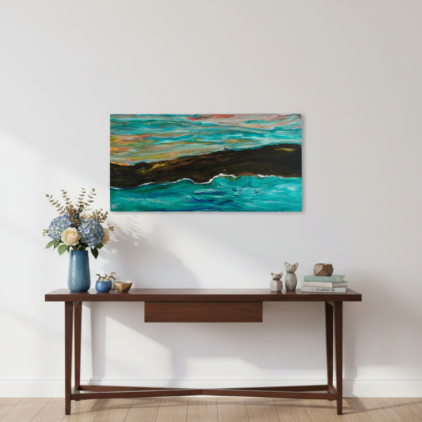 Colorful abstract painting on a white wall above a wooden console table with decorative items.