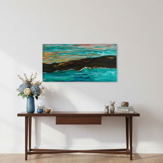 Colorful abstract painting on a white wall above a wooden console table with decorative items.