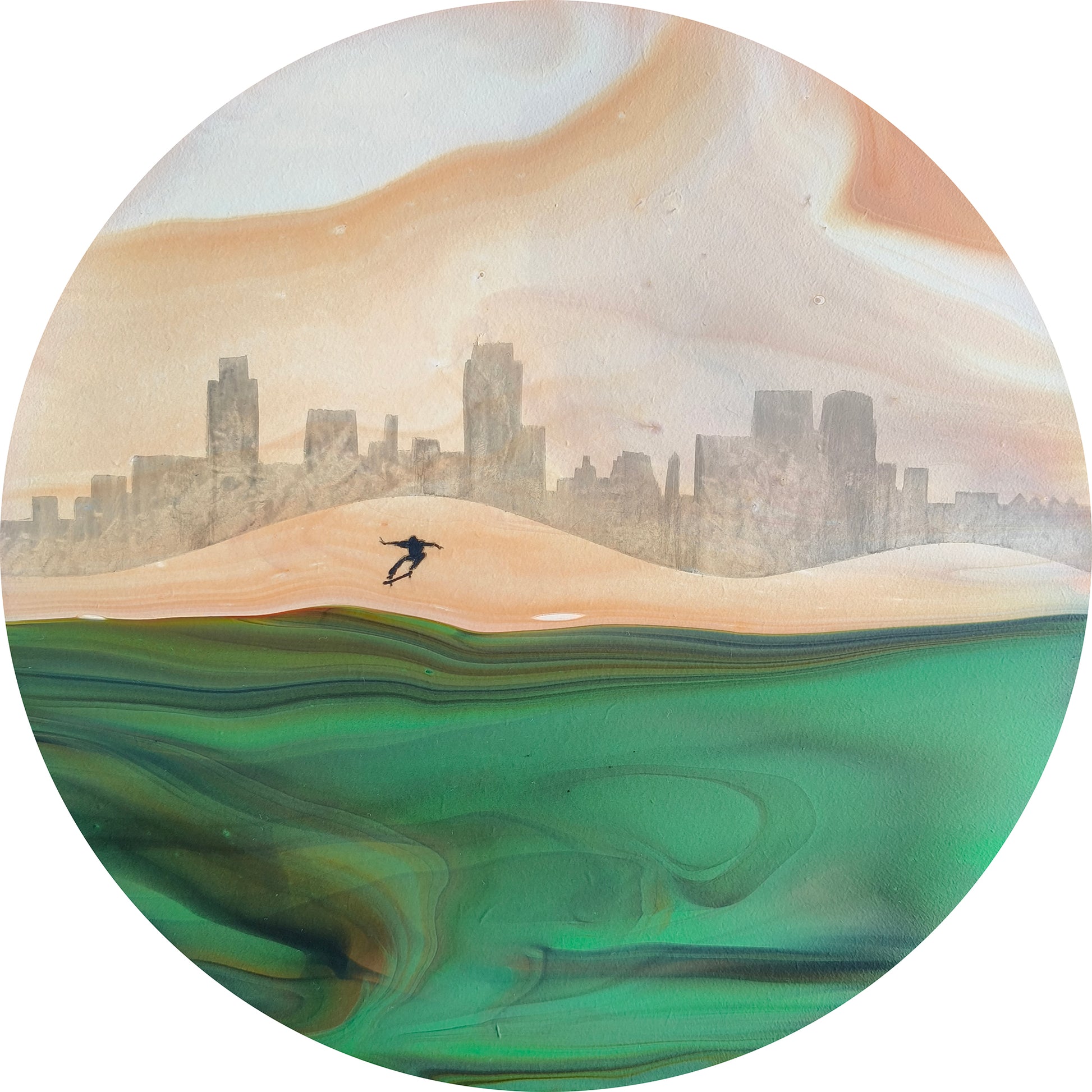 Artistic depiction of a city skyline with a person doing a skateboard jump in green and bronze parkland.