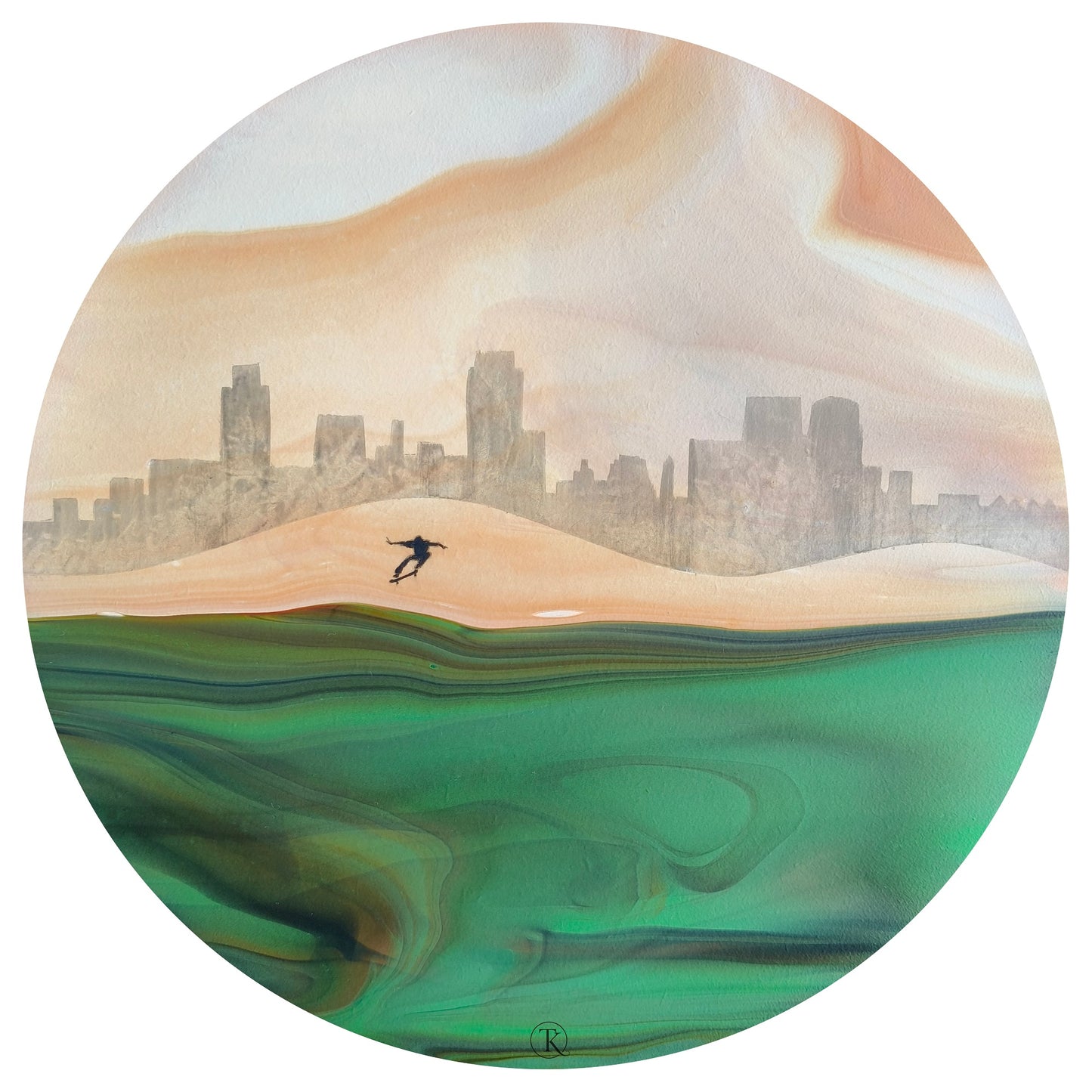 Abstract landscape with city skyline and person skateboarding featuring green and earthy colors.