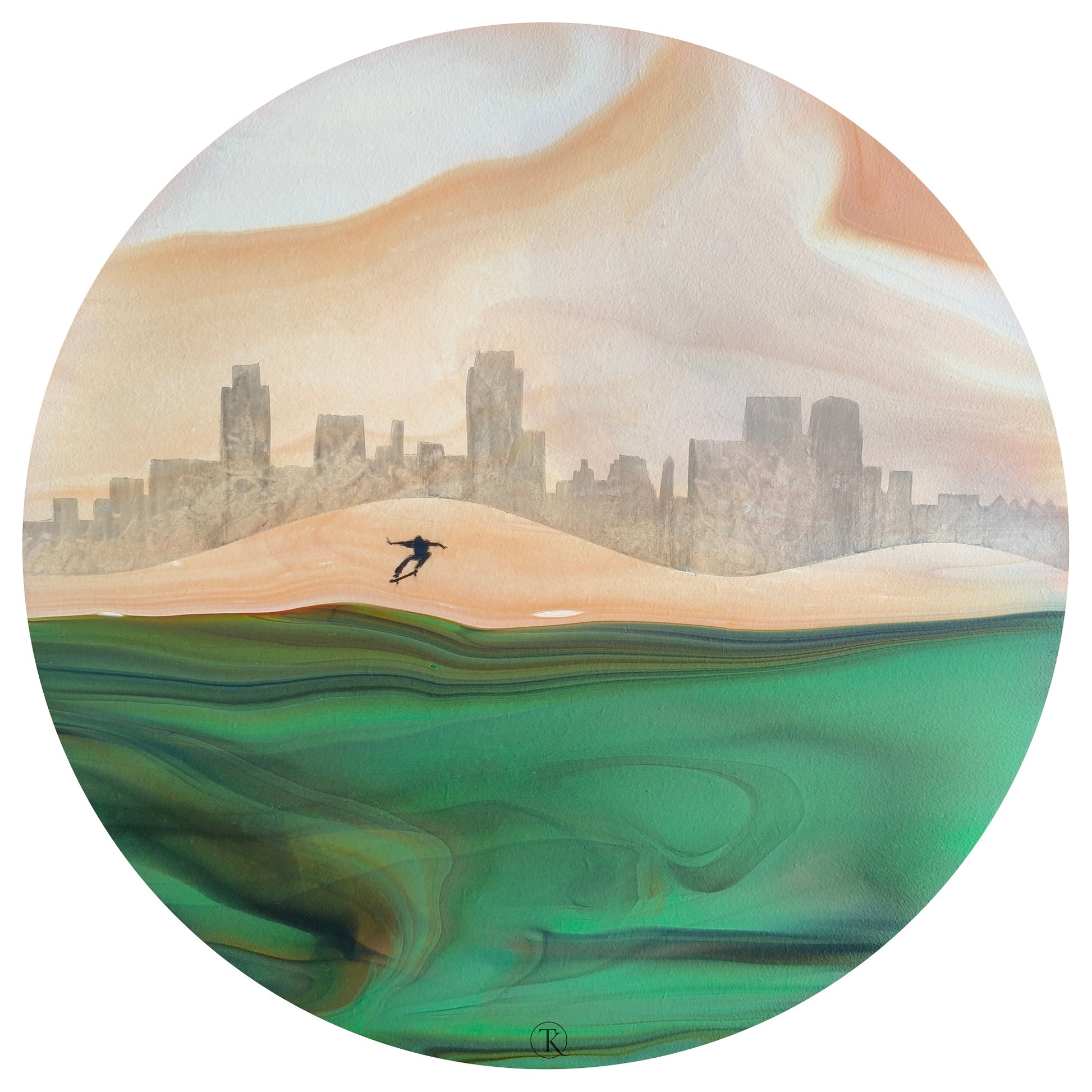 Abstract landscape with city skyline and person skateboarding featuring green and earthy colors.