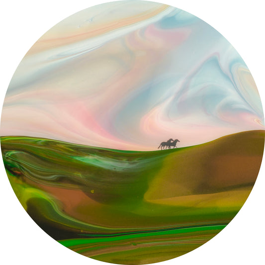 Artistic depiction of a landscape with rolling hills and two horses in  silhouette.