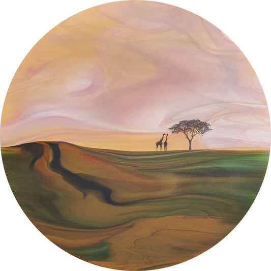 Surreal landscape with two giraffes and a tree under a large, sunset toned sky.