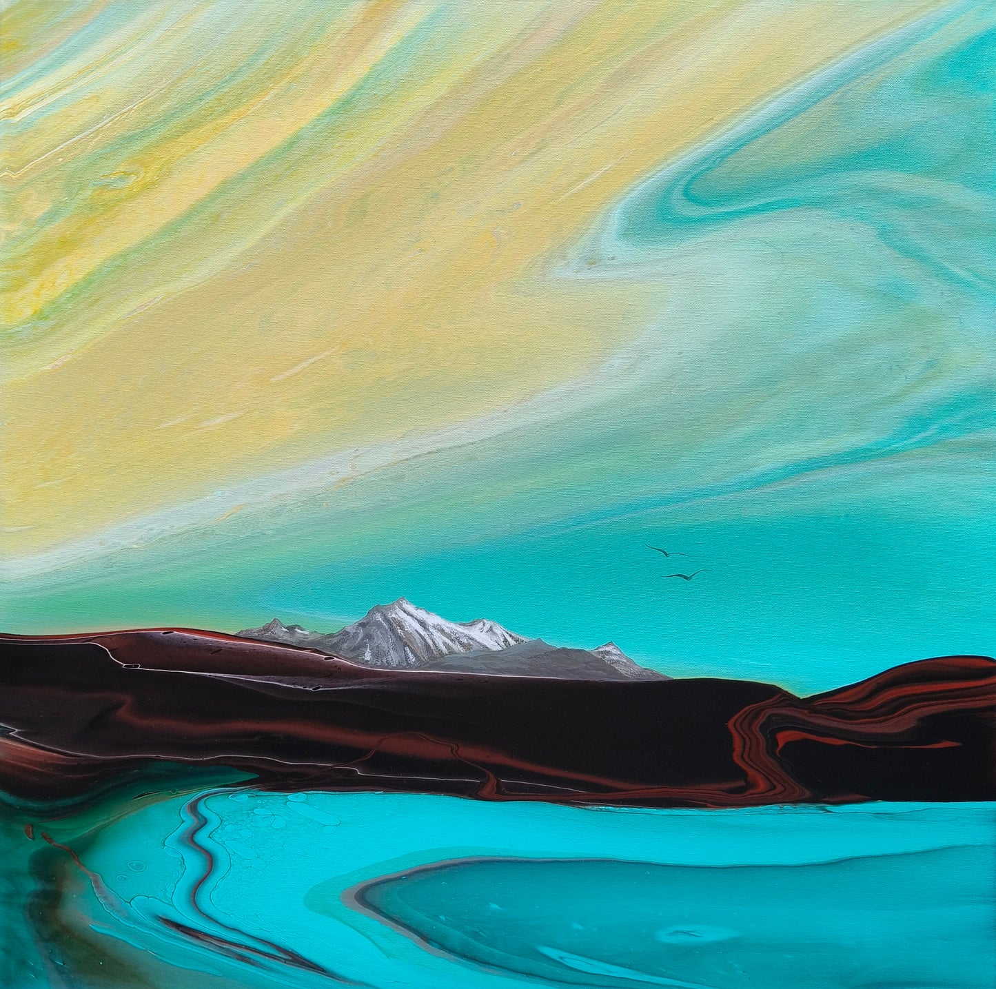 Abstract landscape painting with a sweeping blue and yellow sky, bronzed hills and an expanse of blue and gold water, with the snow-capped Serpentinge Ranges of New Zealand.