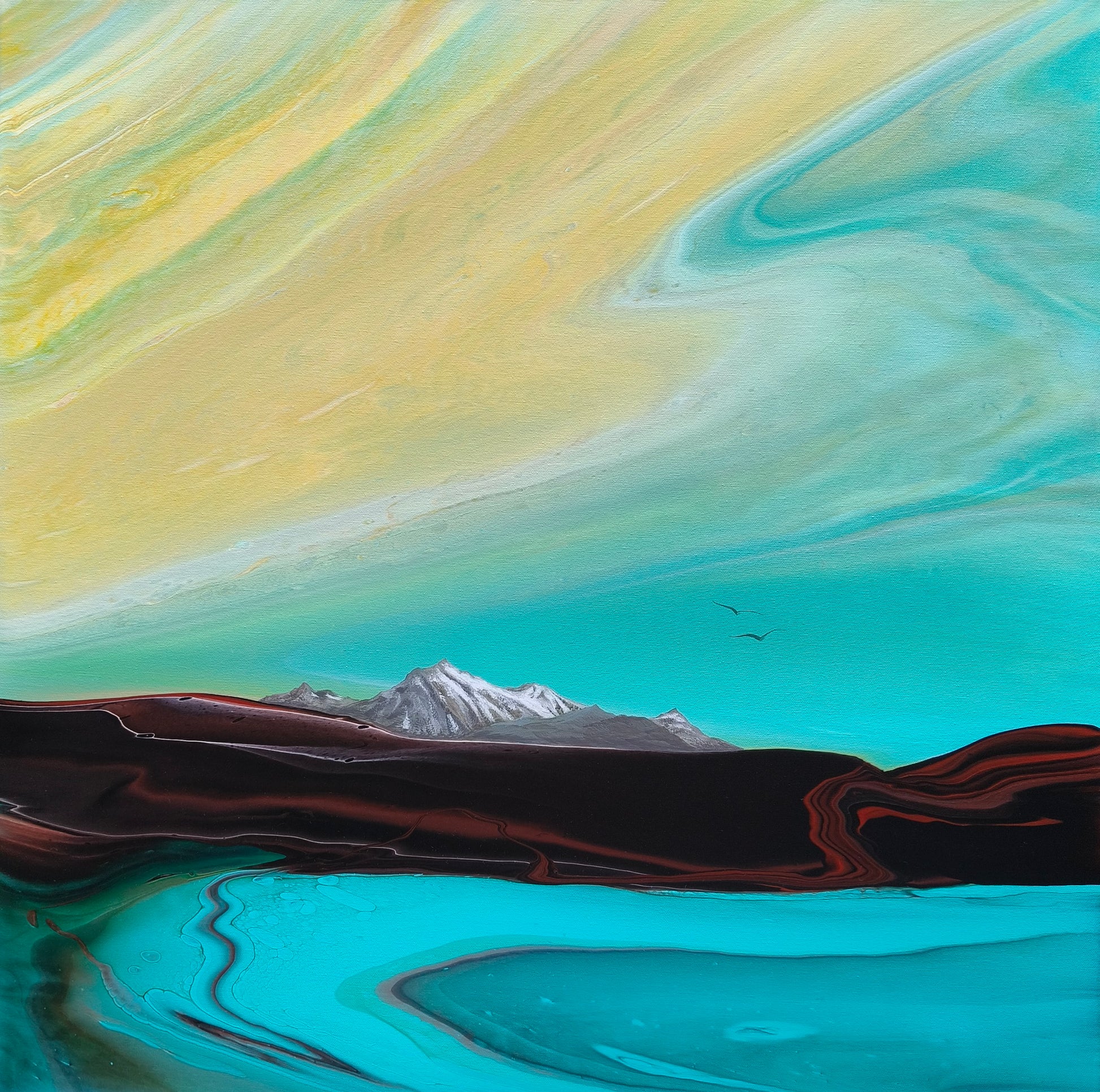 Abstract landscape painting with a sweeping blue and yellow sky, bronzed hills and an expanse of blue and gold water, with the snow-capped Serpentinge Ranges of New Zealand.