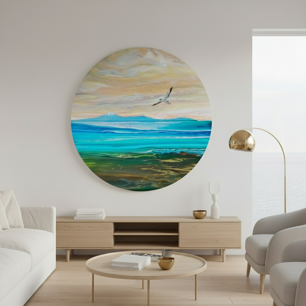 Living room with a large circular artwork of a whale in an ocean scene.