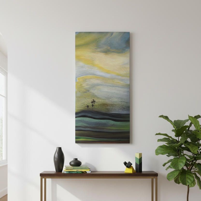Modern interior with a console table, decorative items, and a colorful abstract painting on a white wall.