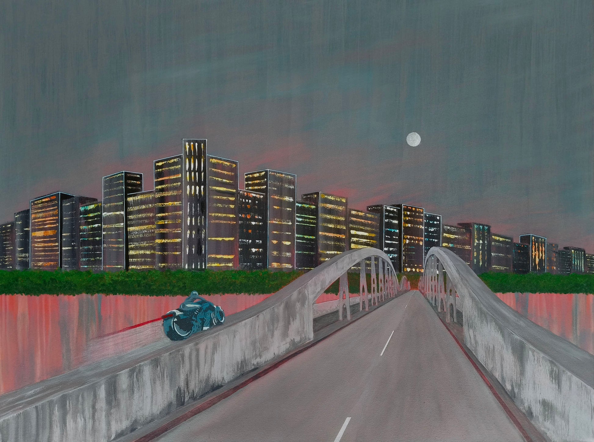 Motorcycle on a bridge with a city skyline at night