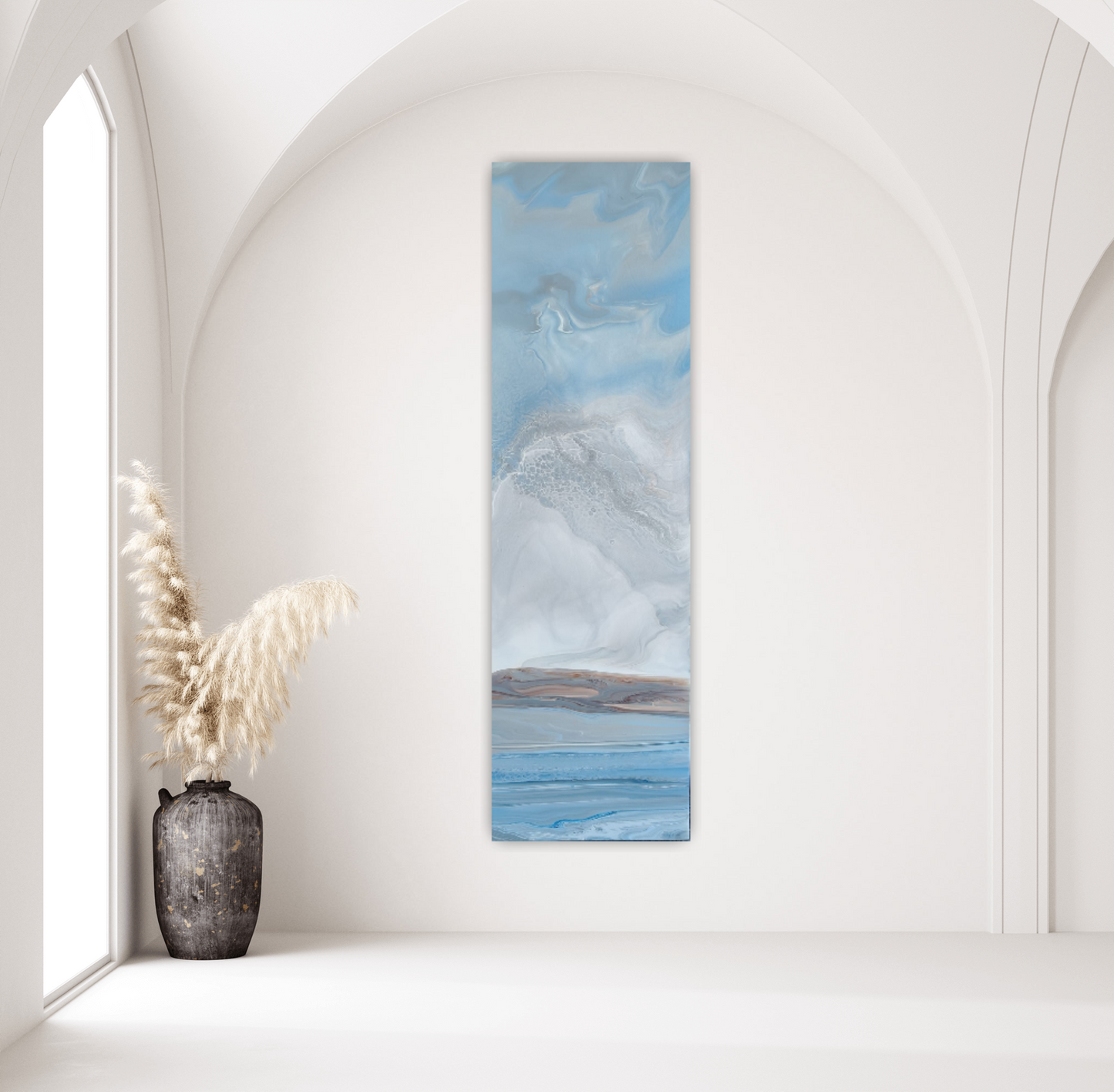 Tall abstract painting on a white wall with a vase and plant in the foreground.