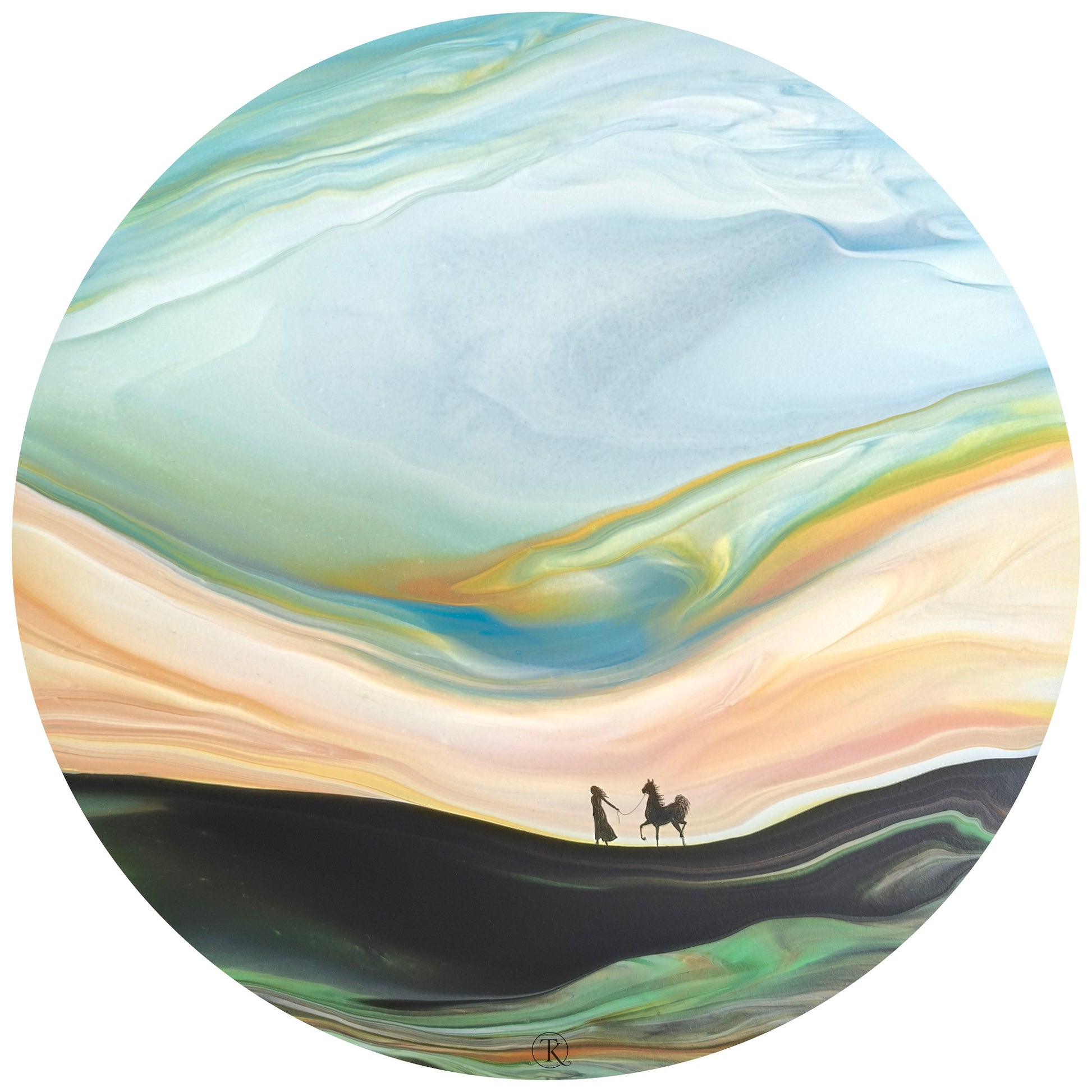 Round painting of a landscape with a horse and person silhouette against a colorful sky.