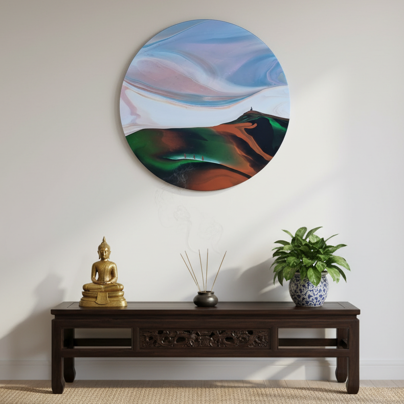Decorative wall piece above a wooden table with a gold statue, plant, and small container.