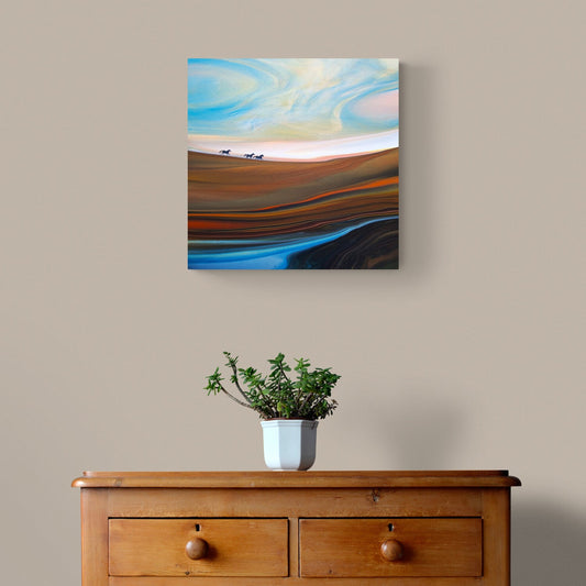 Abstract painting on a beige wall above a wooden dresser with a plant.