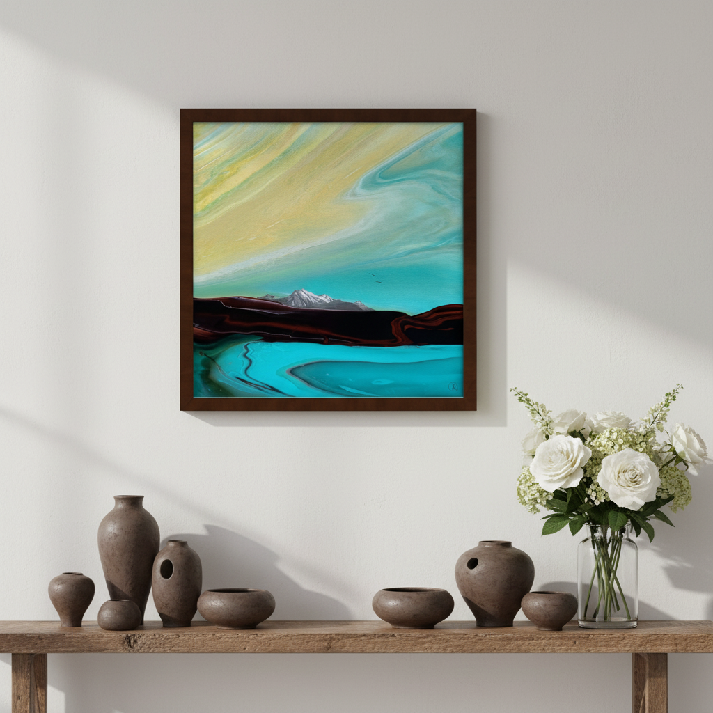 Framed abstract painting of a mountain scene on a wall above a wooden console table with decorative vases and flowers.