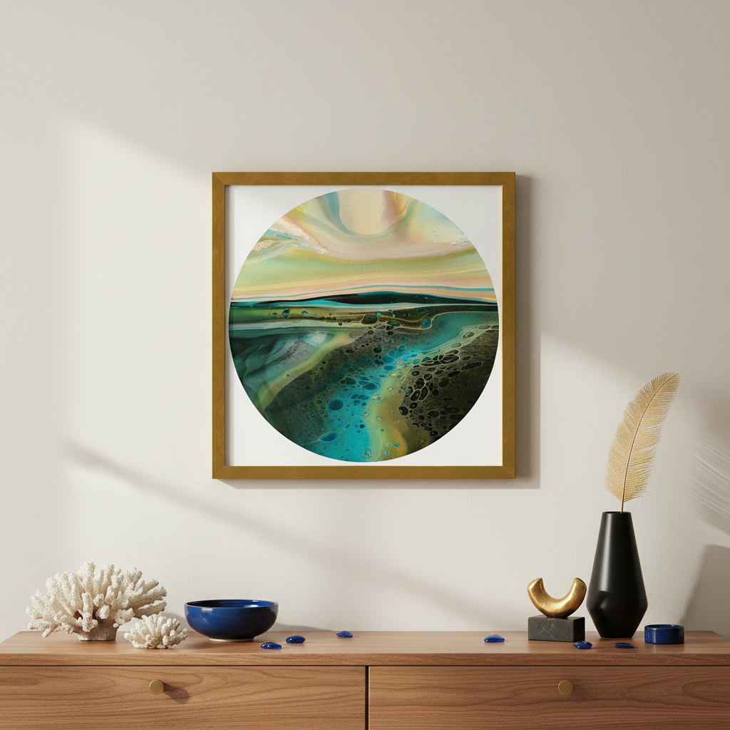 Framed abstract artwork on a wall above a wooden cabinet with decorative items.