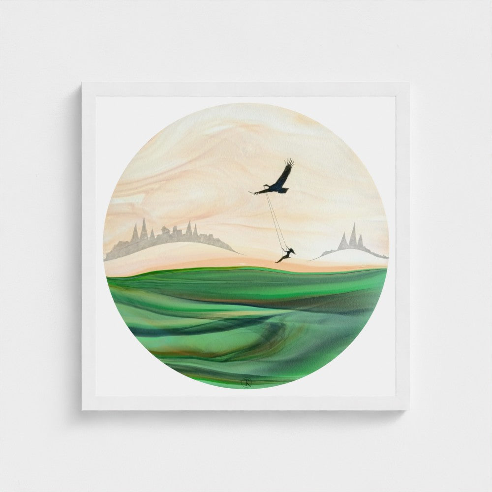 Framed artwork of a landscape with a bird and person silhouette against a circular design.