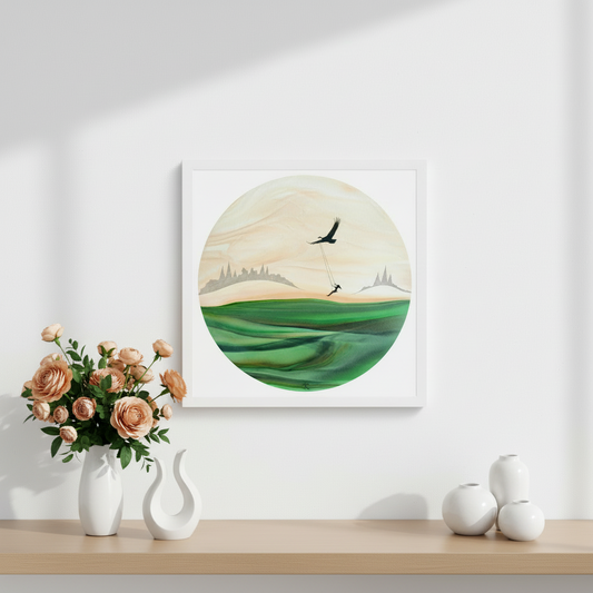 Framed artwork of a landscape with a bird over a green field on a white wall above a shelf with decorative items.