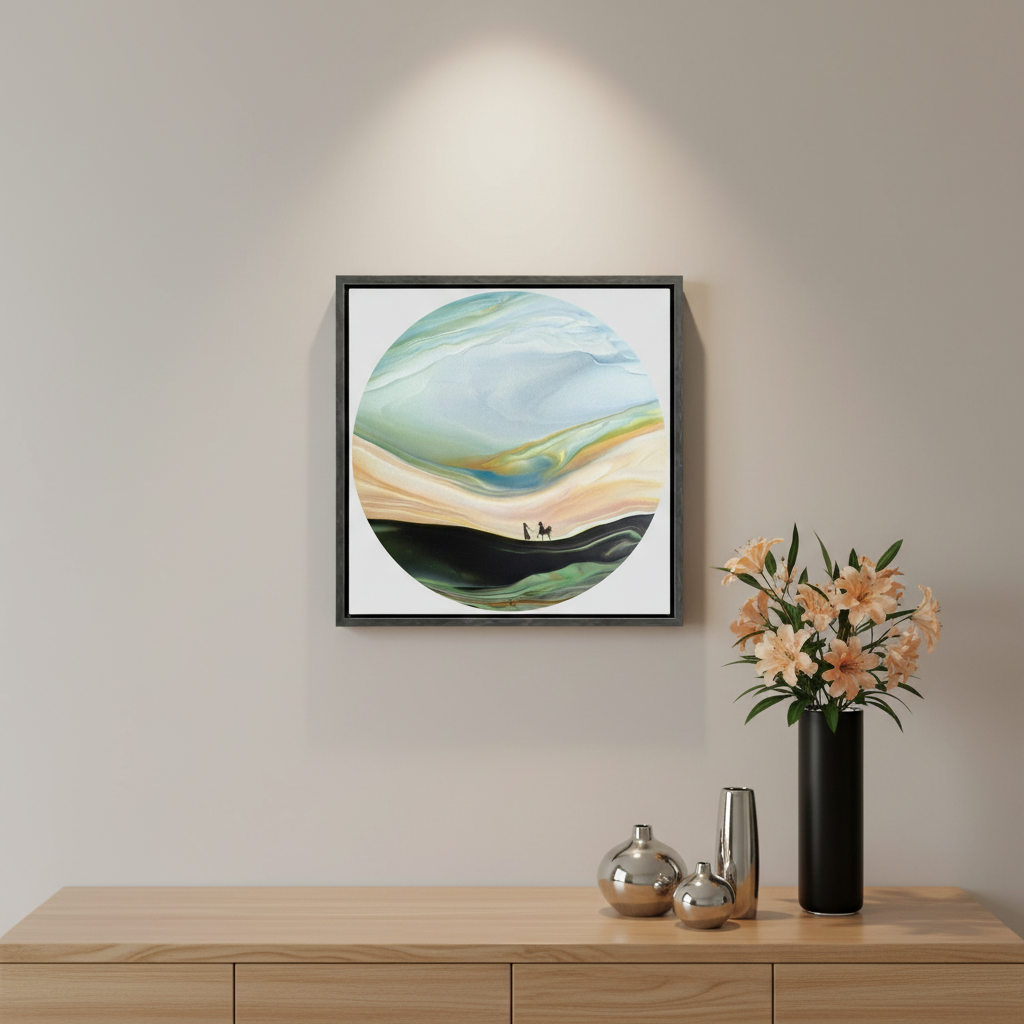 Framed abstract artwork with swirling colors on a white wall
