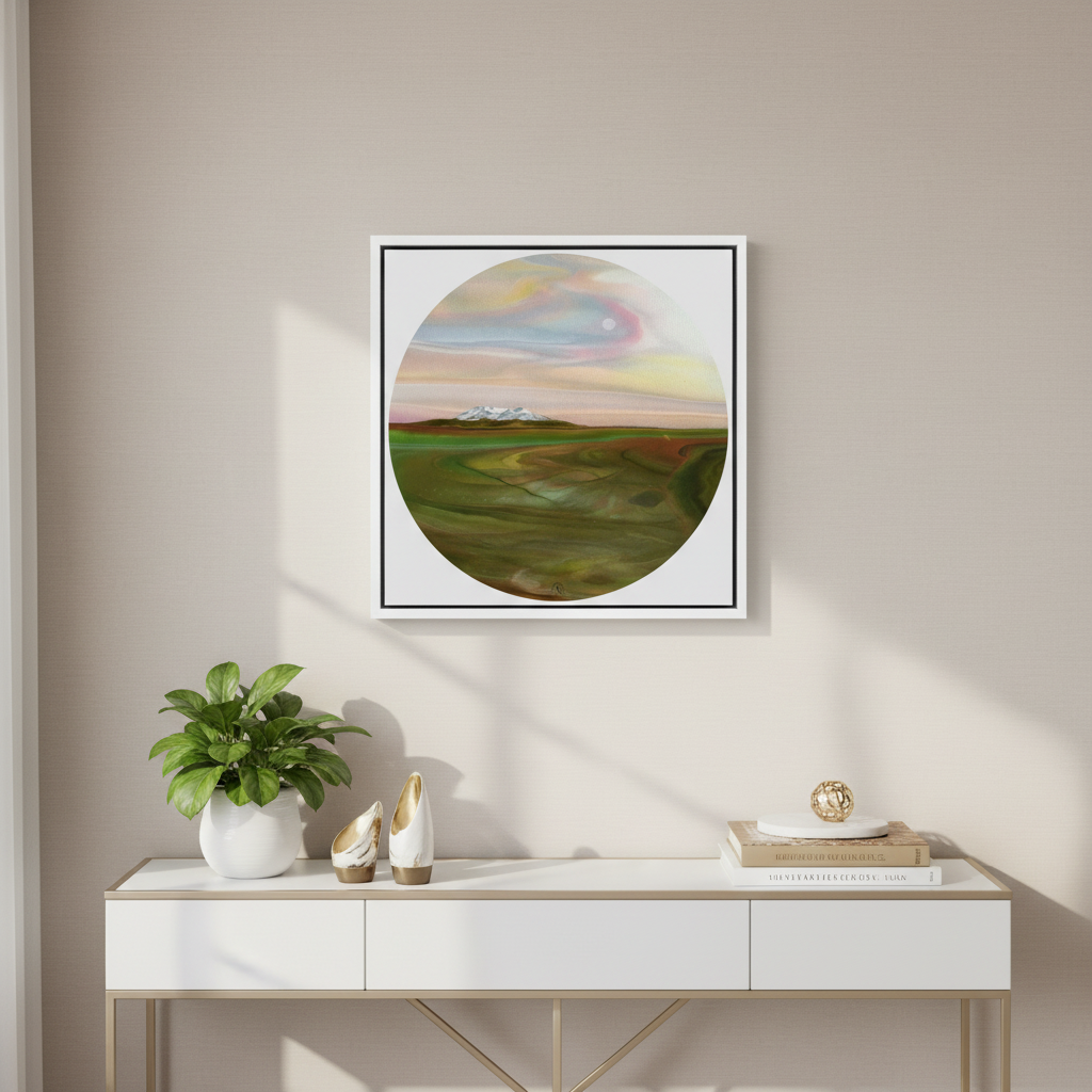 Framed abstract artwork on a wall above a white console table with decorative items.