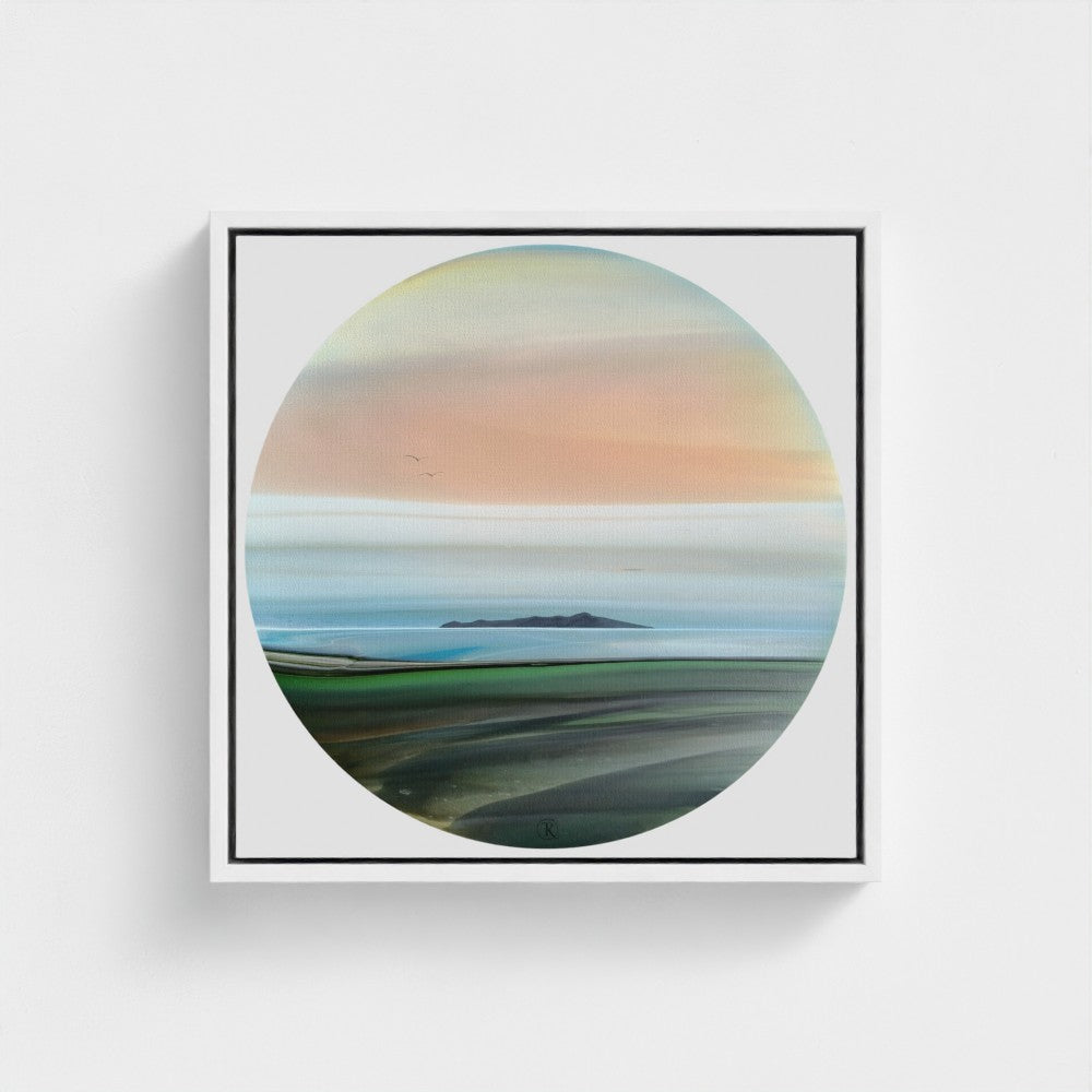 Framed artwork of a circular landscape featuring Kapiti Island, with a gradient sky and green field.