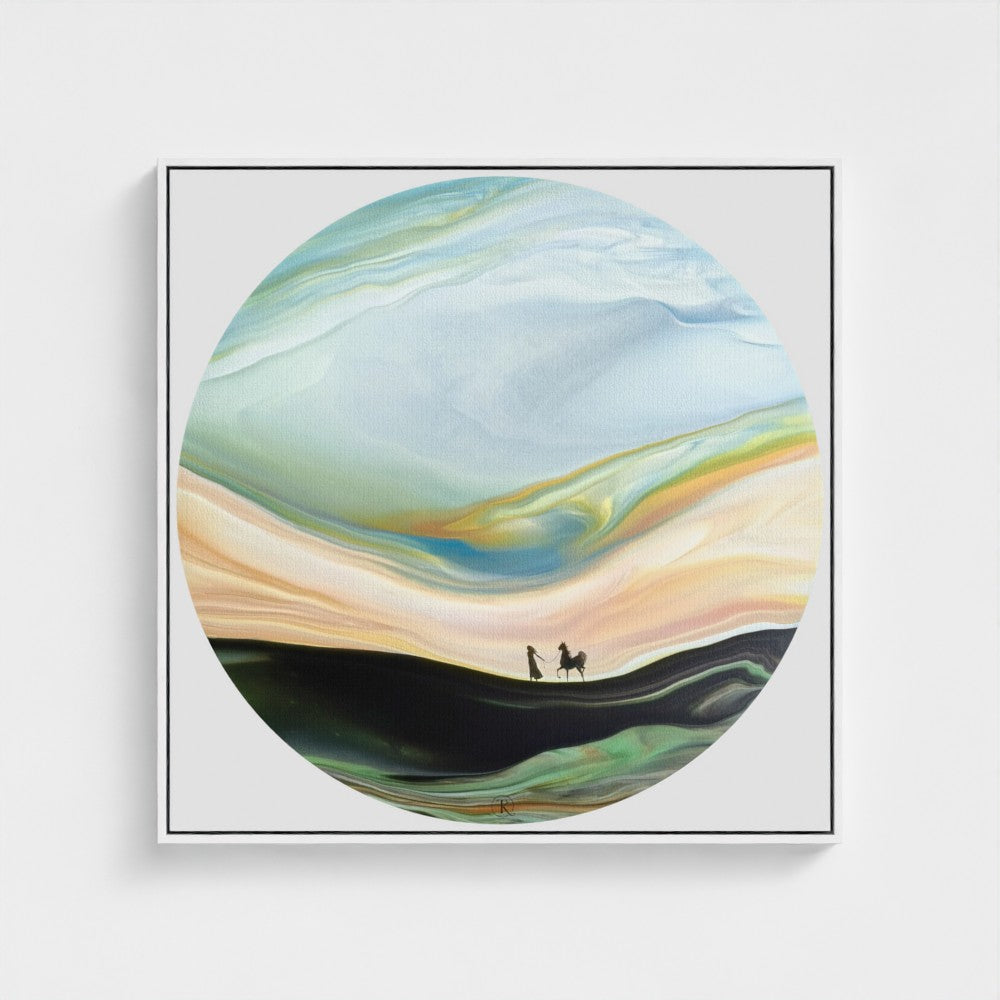 Framed abstract landscape artwork with a flowing sky and a girl leading a horse.